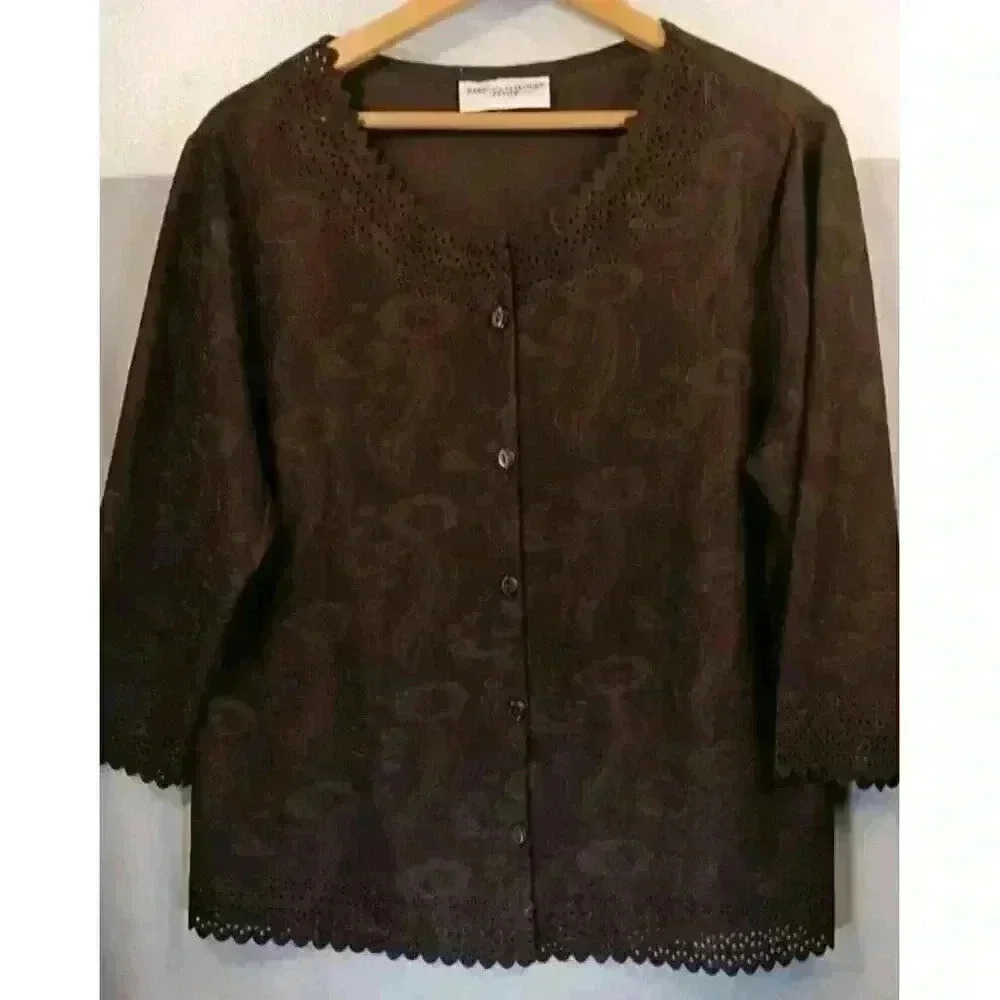 Rebecca Malone Pullover Sweater Womens Med/LG Brown Paisley Pattern Faux Buttons